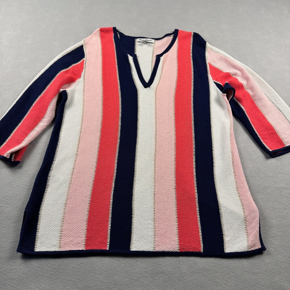 TOMMY BAHAMA Sweater Large Vitti Vines Split V-Neck Tunic Linen Blend Blue Pink